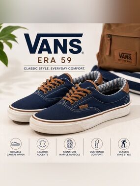 Vans Era 59 Navy Canvas Brown Leather Trim Sneakers Men’s 9.5 Women’s 11